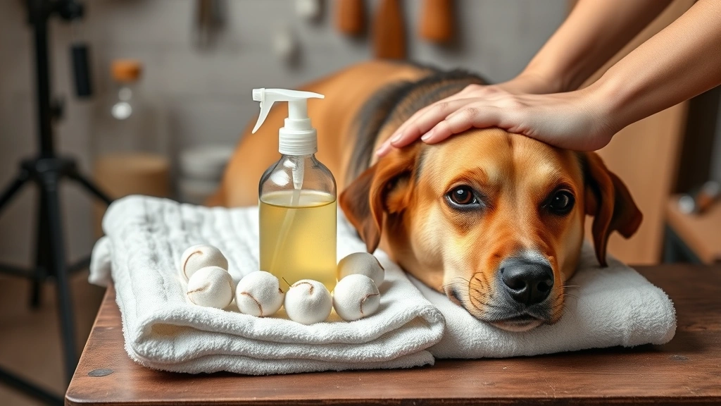 how to clean a dog's ears -
Photorealistic hands holding dog ear cleaning solution bottle and cotton balls 