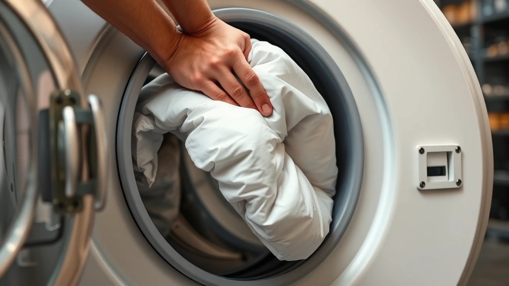 how to clean a down comforter -
Photorealistic close-up of hands gently placing a damp down comforter into a la