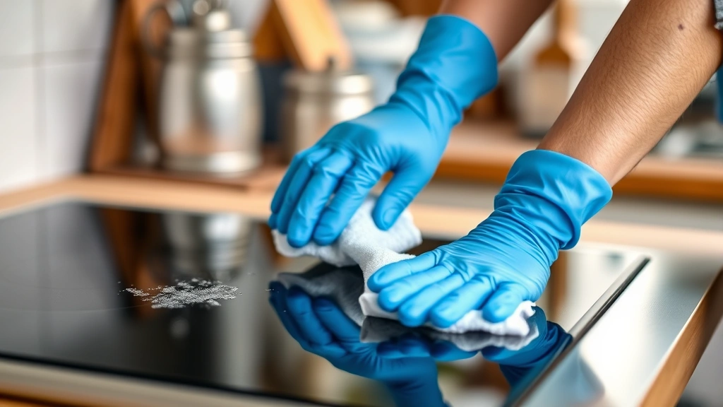 how to clean a glass top stove -
photorealistic hands wearing blue microfiber gloves wiping a glass cooktop with