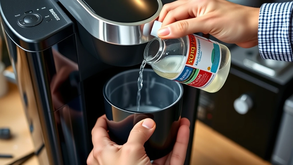 how to clean a keurig -
Photorealistic hands pouring white vinegar into Keurig water reservoir during d