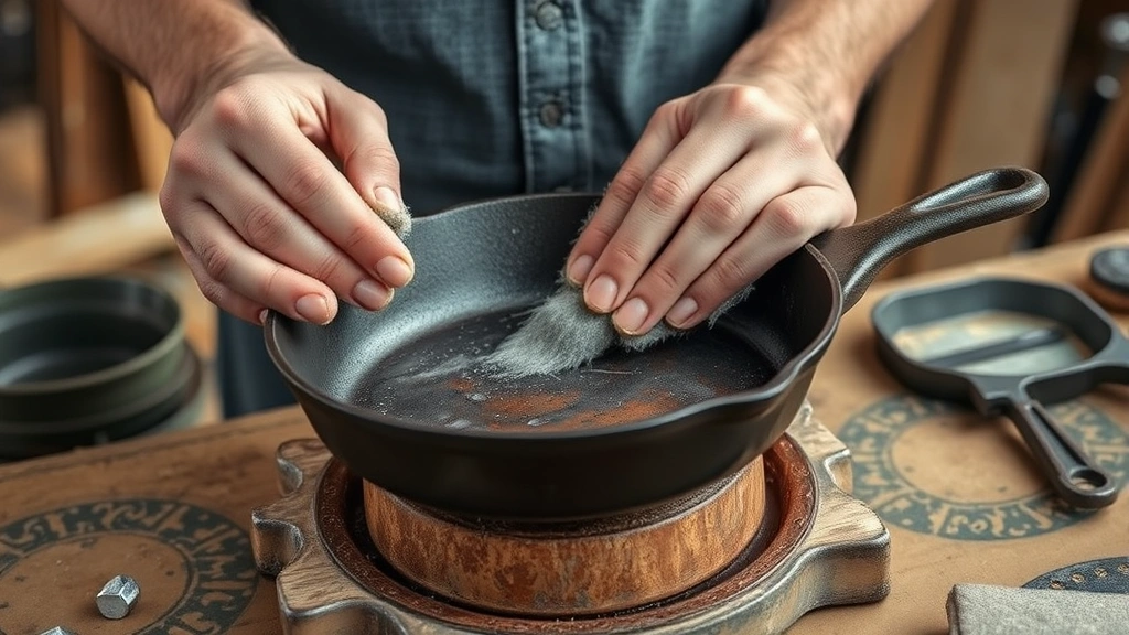 how to clean a rusty cast iron skillet -
photorealistic hands working on cast iron restoration, person using steel wool