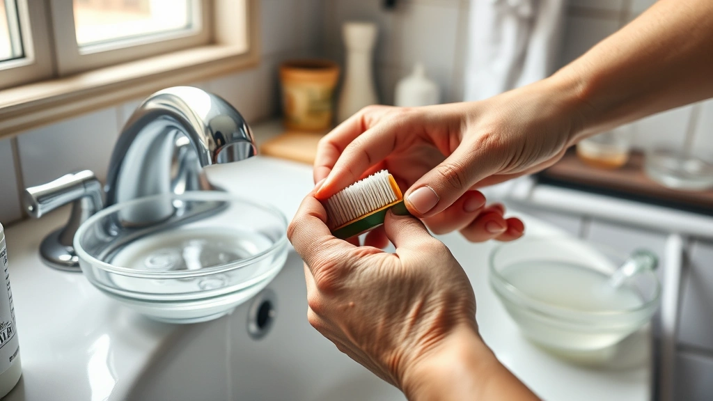 how to clean a shower head -
Photorealistic hands working: close-up of hands holding old toothbrush scrubbin