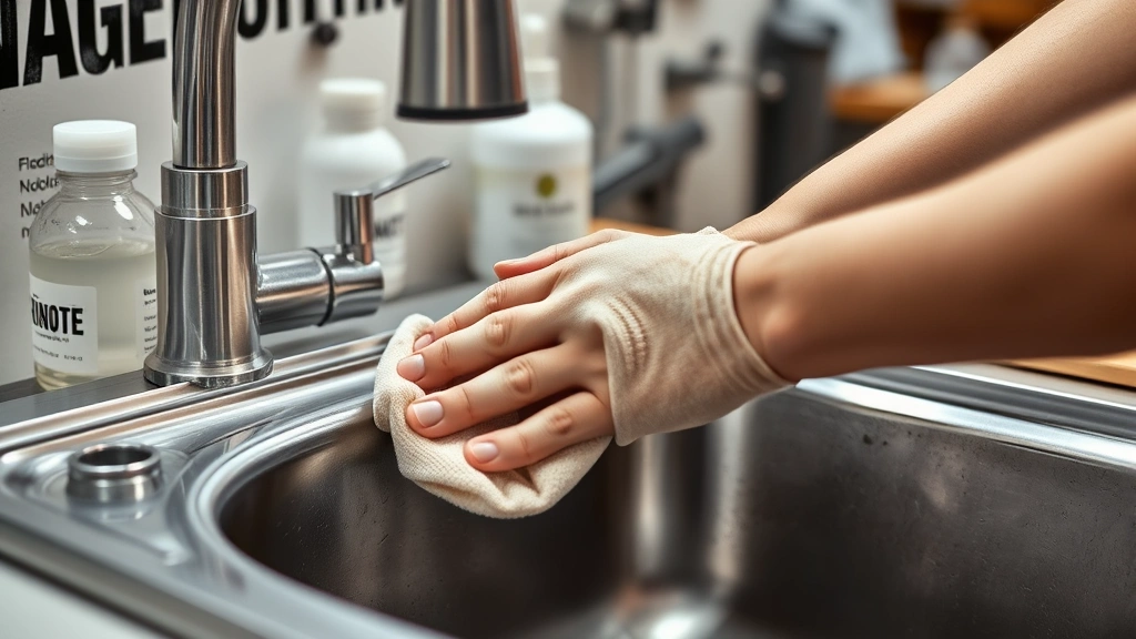 how to clean a stainless steel sink -
Photorealistic hands wearing soft cloth wiping stainless steel sink in directio