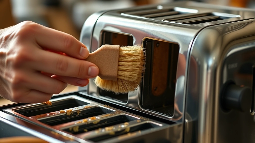 how to clean a toaster -
Photorealistic close-up of hands using a soft-bristled brush to gently clean in