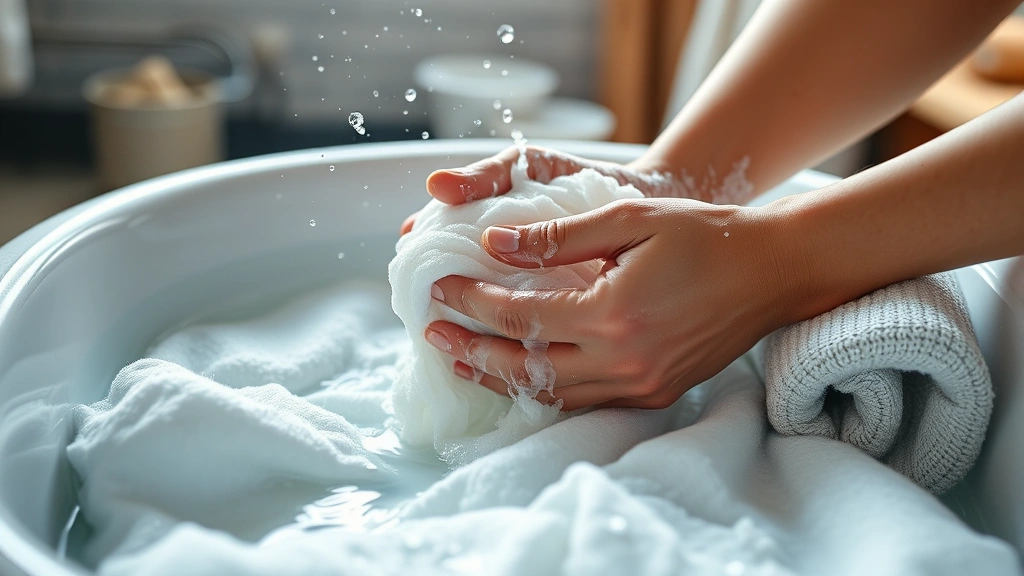 how to clean a weighted blanket -
photorealistic hands gently squeezing soapy water through weighted blanket fabr
