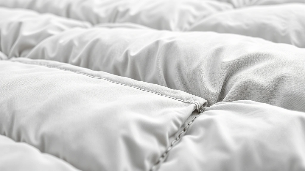 how to clean a weighted blanket -
photorealistic close-up of weighted blanket fabric texture showing stitched poc