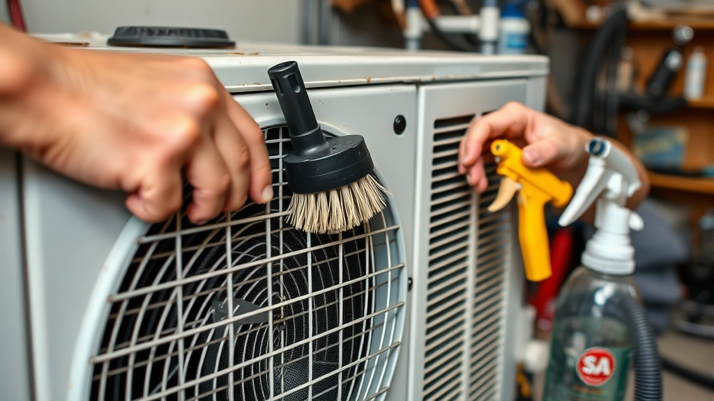 how to clean ac coils -
photorealistic hands working on AC unit with soft-bristled brush gently cleanin