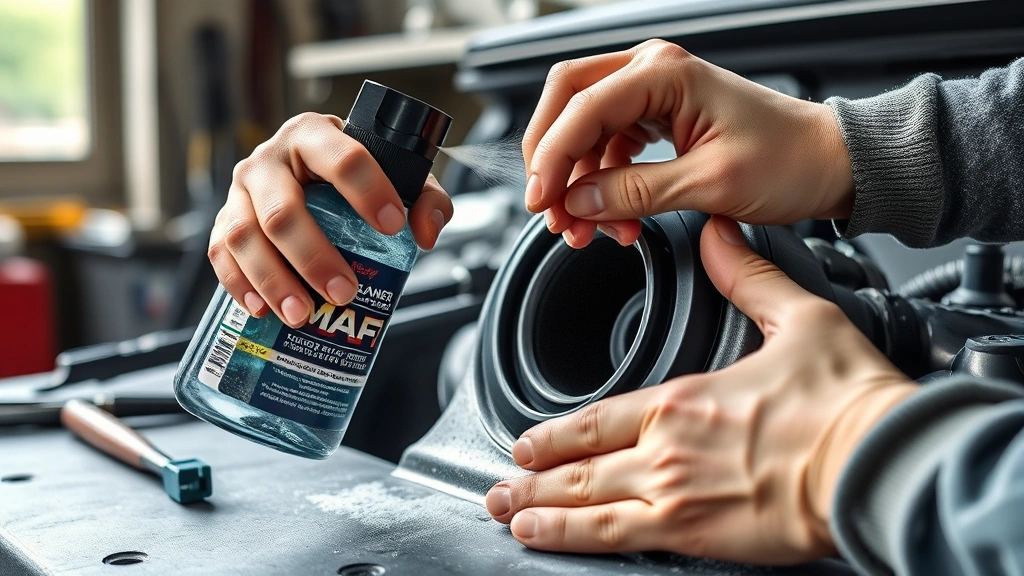 how to clean air mass meter -
Photorealistic hands carefully spraying MAF cleaner on sensor element in worksh