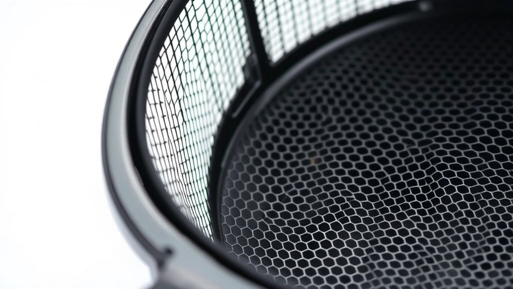 how to clean an air fryer -
Photorealistic close-up macro photography of air fryer basket texture showing t