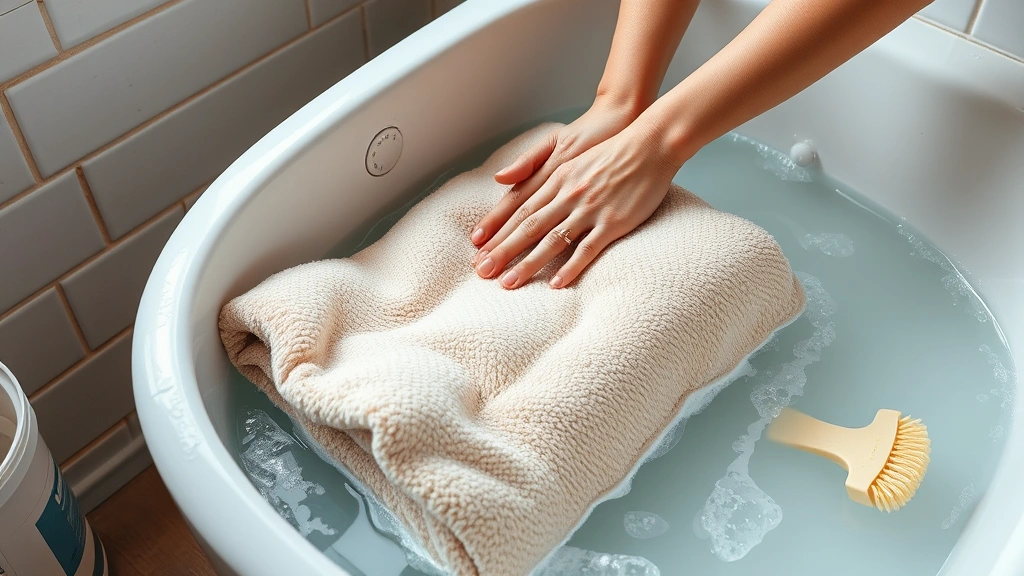 how to clean an electric blanket -
photorealistic hands working gently hand-washing an electric blanket in a batht