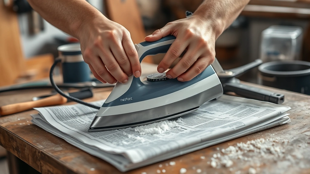 how to clean an iron -
Photorealistic hands holding iron over newspaper with salt, workshop setting, n