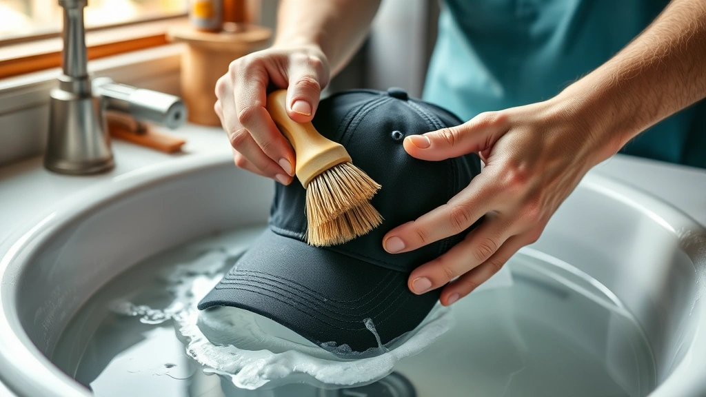how to clean baseball caps -
photorealistic hands working on cleaning a baseball cap in a sink with soapy wa