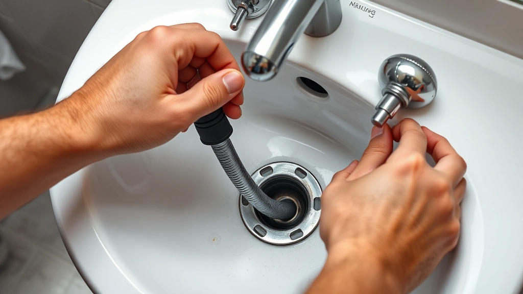 how to clean bathroom sink drain -
photorealistic hands working on bathroom sink drain using a manual drain snake 