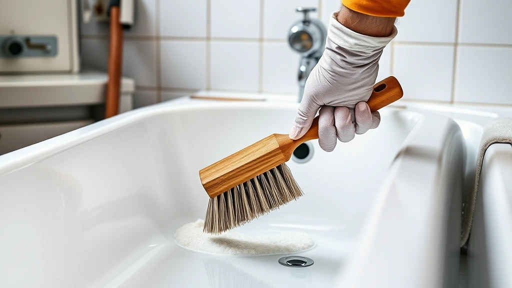 how to clean bathtub -
photorealistic hands working with stiff brush scrubbing bathtub surface, worksh