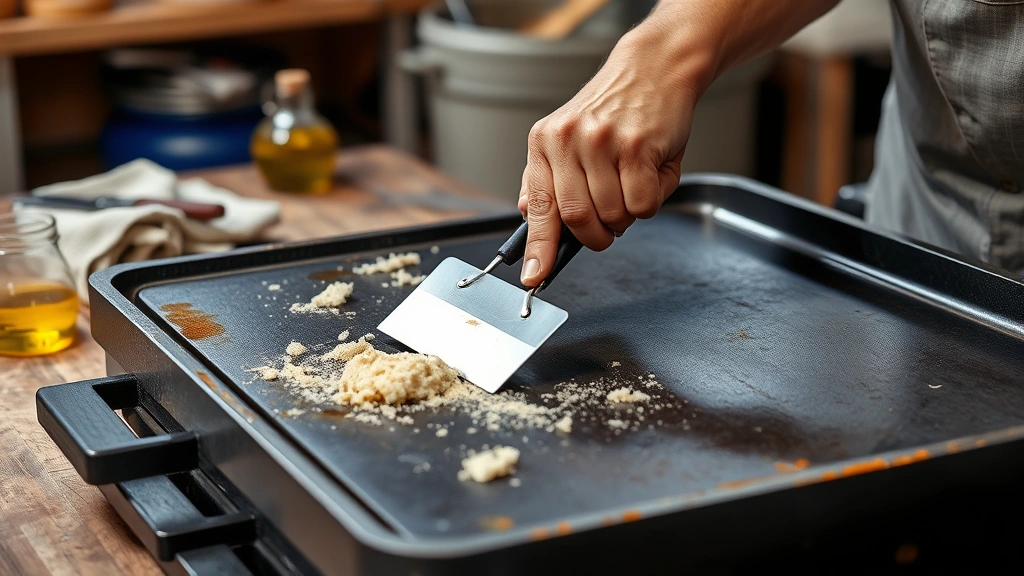 how to clean blackstone -
Photorealistic hands working on a warm Blackstone griddle using a metal scraper