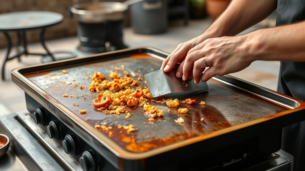 how to clean blackstone griddle -
Photorealistic hands working on a warm Blackstone griddle using a metal scraper