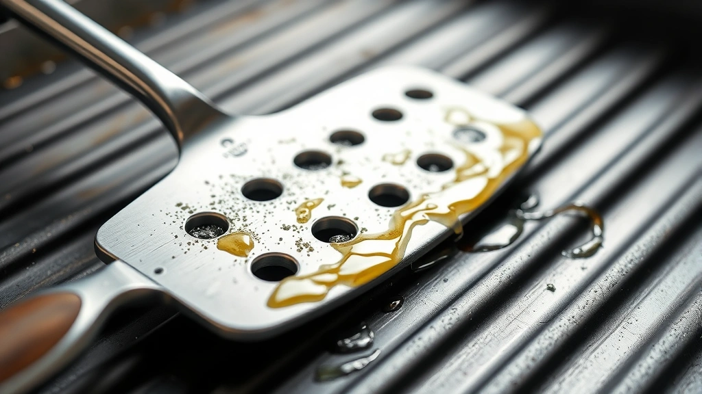 how to clean blackstone griddle -
Photorealistic close-up macro photography of a griddle scraper blade against th