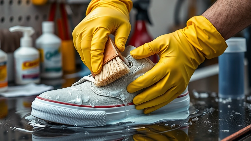how to clean canvas shoes -
Photorealistic hands wearing rubber gloves scrubbing canvas shoe with soft brus