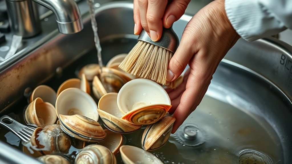how to clean clams -
Photorealistic hands working scrubbing clam shells under running water with a s