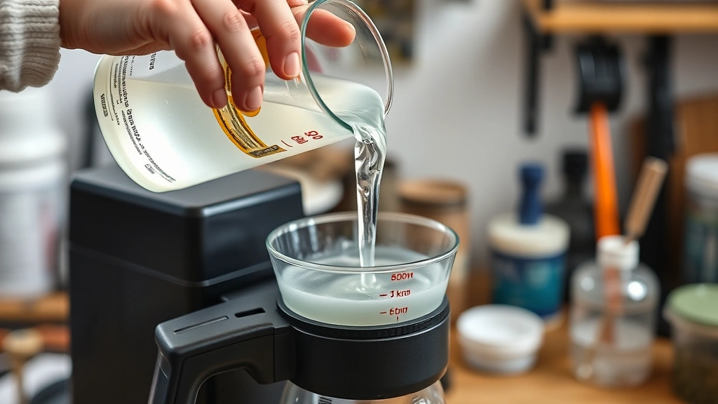 how to clean coffee maker with vinegar -
Photorealistic close-up of hands pouring white vinegar solution into coffee mak