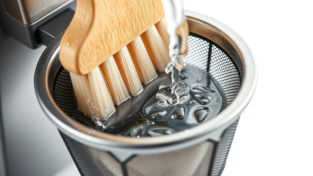 how to clean coffee maker with vinegar -
Photorealistic macro close-up of coffee maker filter basket being cleaned with 