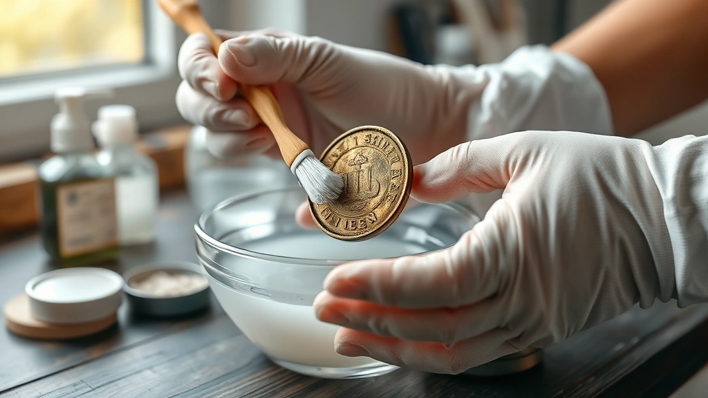 how to clean coins -
Photorealistic hands working carefully cleaning an old tarnished coin with a so