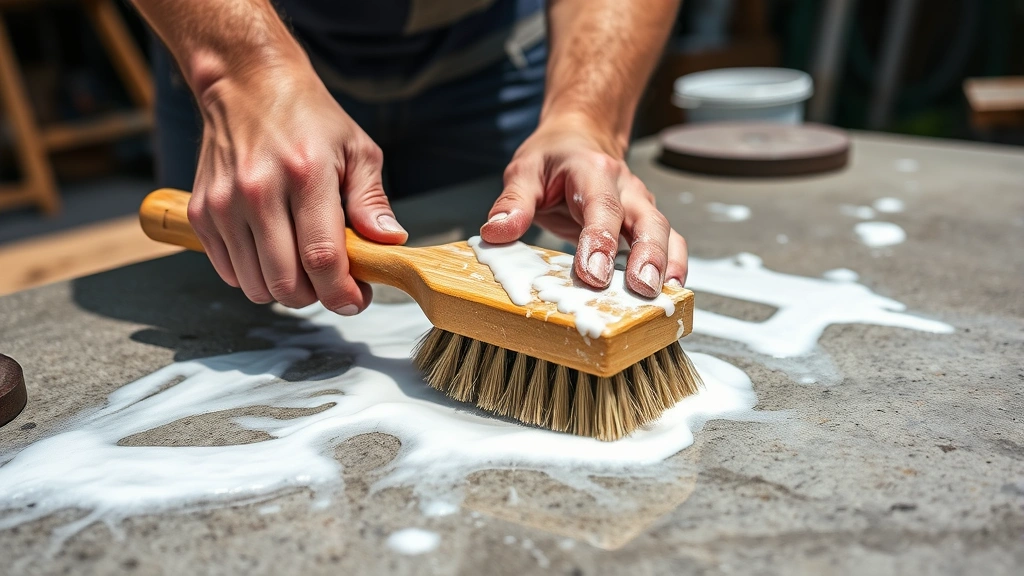 how to clean concrete -
photorealistic hands working, person using stiff-bristled brush on concrete wit