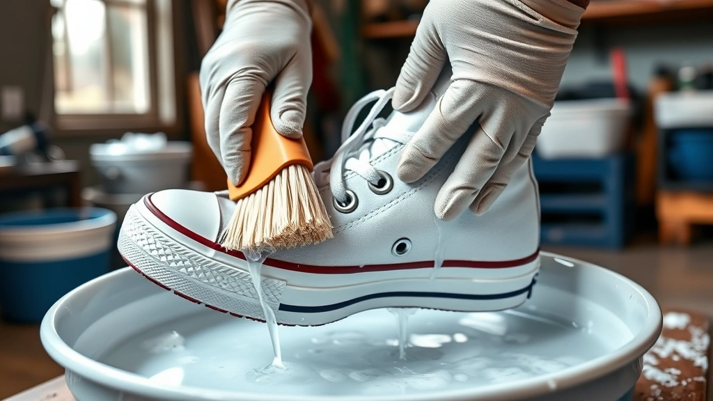 how to clean converse -
Photorealistic hands wearing work gloves scrubbing white Converse sole with sof