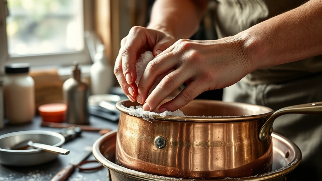how to clean copper -
Photorealistic hands working demonstrating the vinegar-salt paste method being 