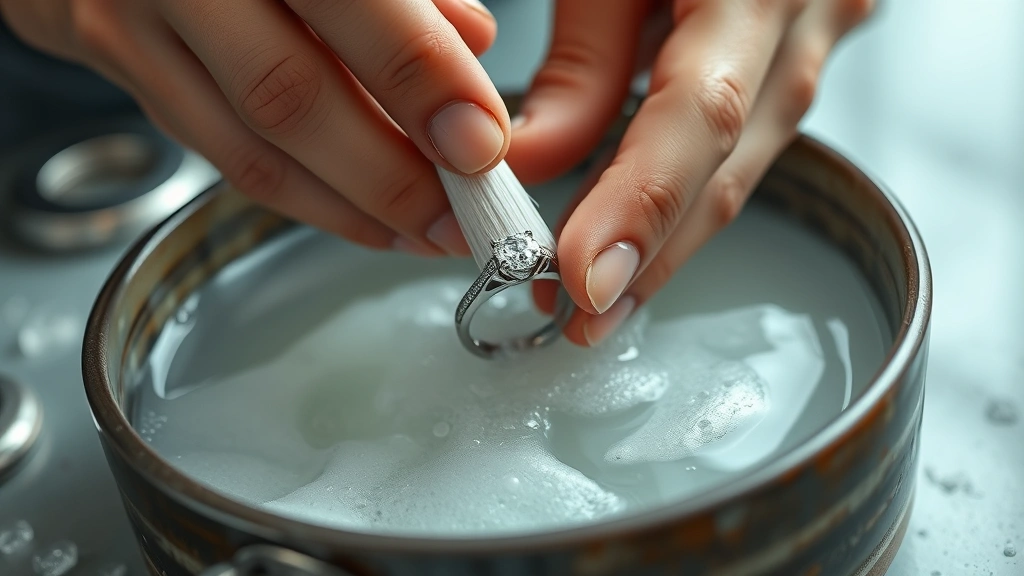 how to clean diamond ring -
Photorealistic hands gently cleaning a diamond ring with soft brush in warm soa