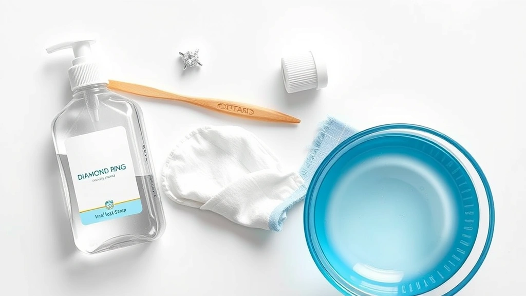 how to clean diamond ring -
Photorealistic overhead view of diamond ring cleaning supplies laid out—soft to