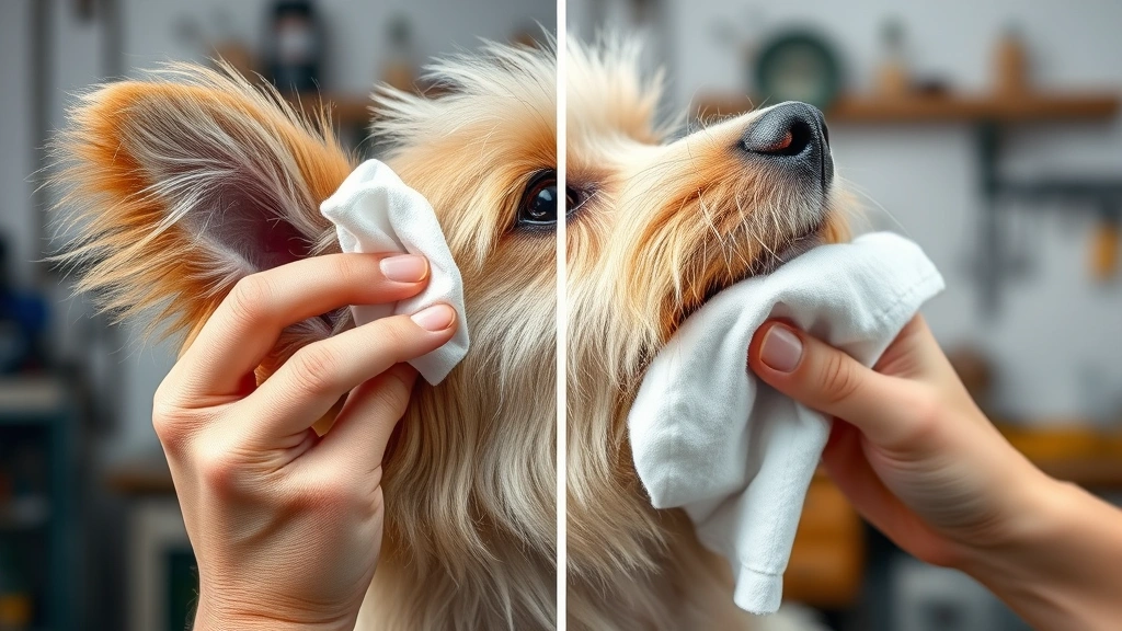 how to clean dog ears -
Photorealistic DIY result showing a fluffy dog’s ear being wiped clean wi