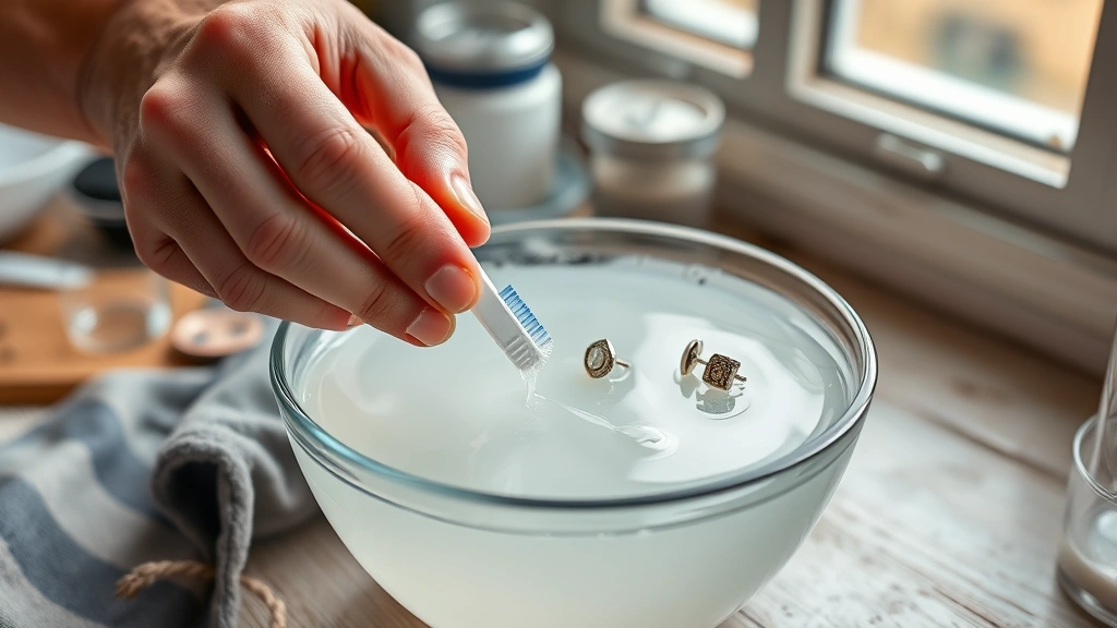 how to clean earrings -
Photorealistic hands using a soft toothbrush to gently clean earring posts in a