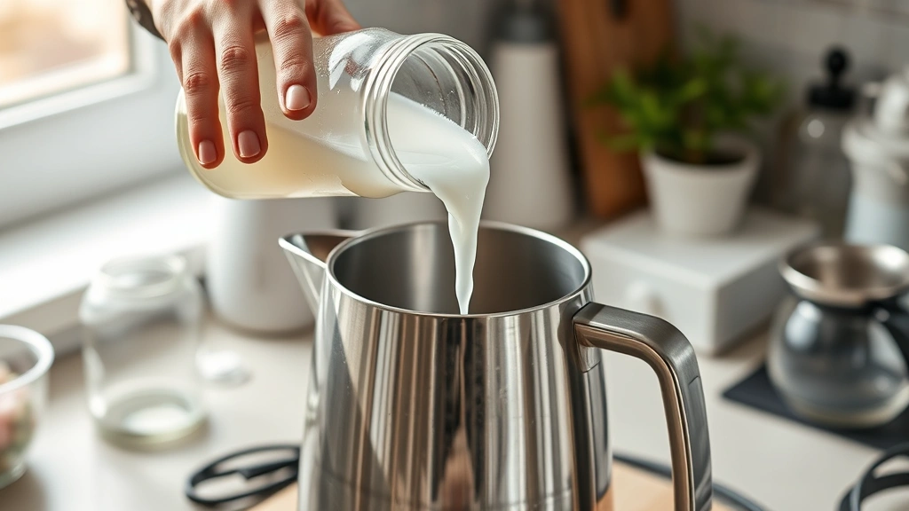 how to clean electric kettle -
Photorealistic hands pouring white vinegar solution into electric kettle, close