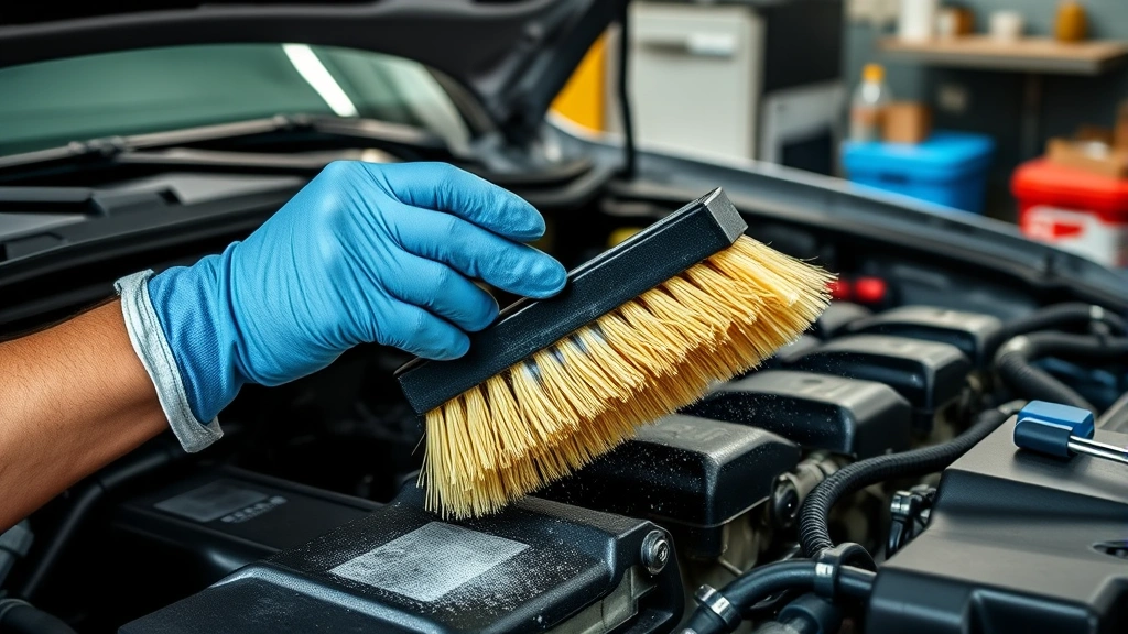 how to clean engine bay -
Photorealistic hands wearing work gloves using soft-bristle brush to scrub engi