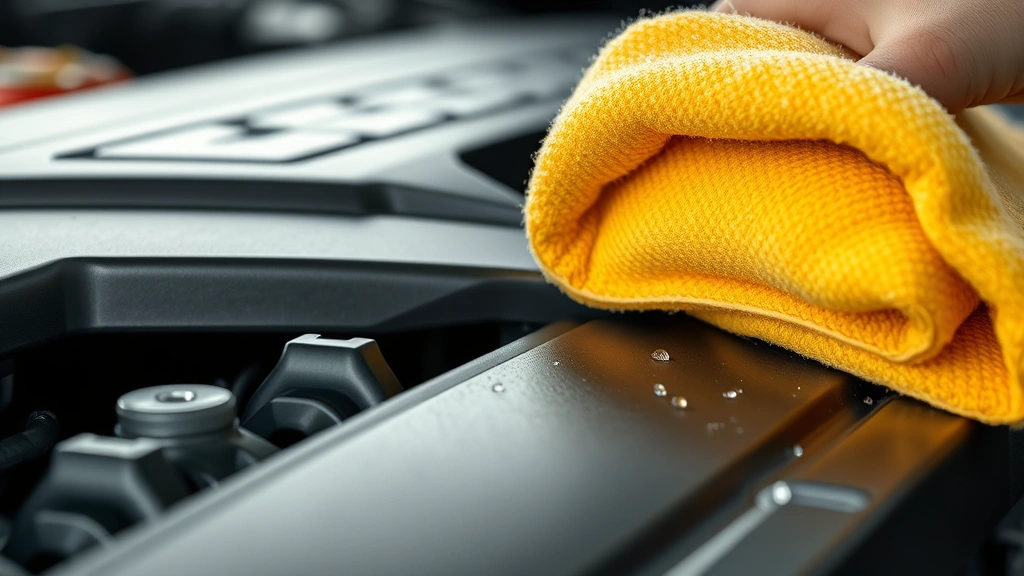 how to clean engine bay -
Photorealistic close-up macro photography of engine bay metal surface being dri