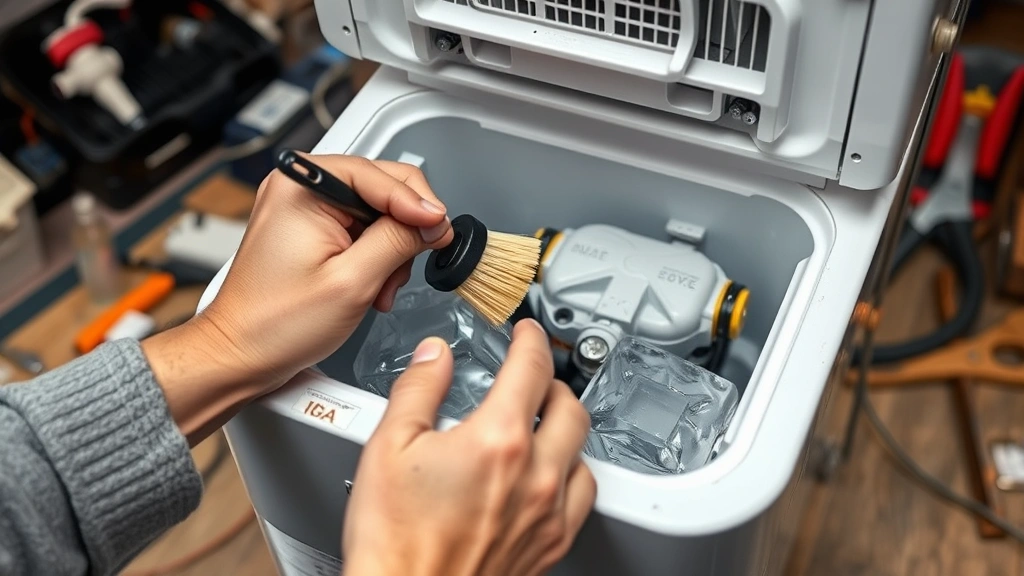 how to clean frigidaire ice maker -
photorealistic hands working on ice maker maintenance, person using soft brush 