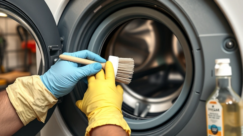 how to clean front load washer -
Photorealistic hands wearing rubber gloves scrubbing the rubber gasket of a fro