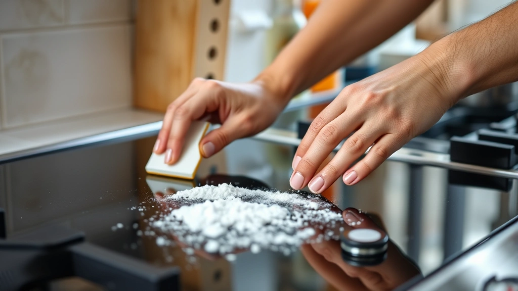 how to clean glass stove top -
photorealistic hands working on glass stove top with plastic scraper and baking