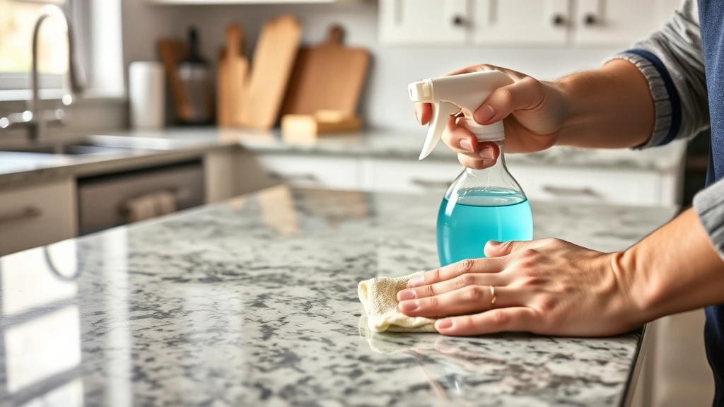 how to clean granite countertops -
Photorealistic hands working on granite countertop with microfiber cloth and sp