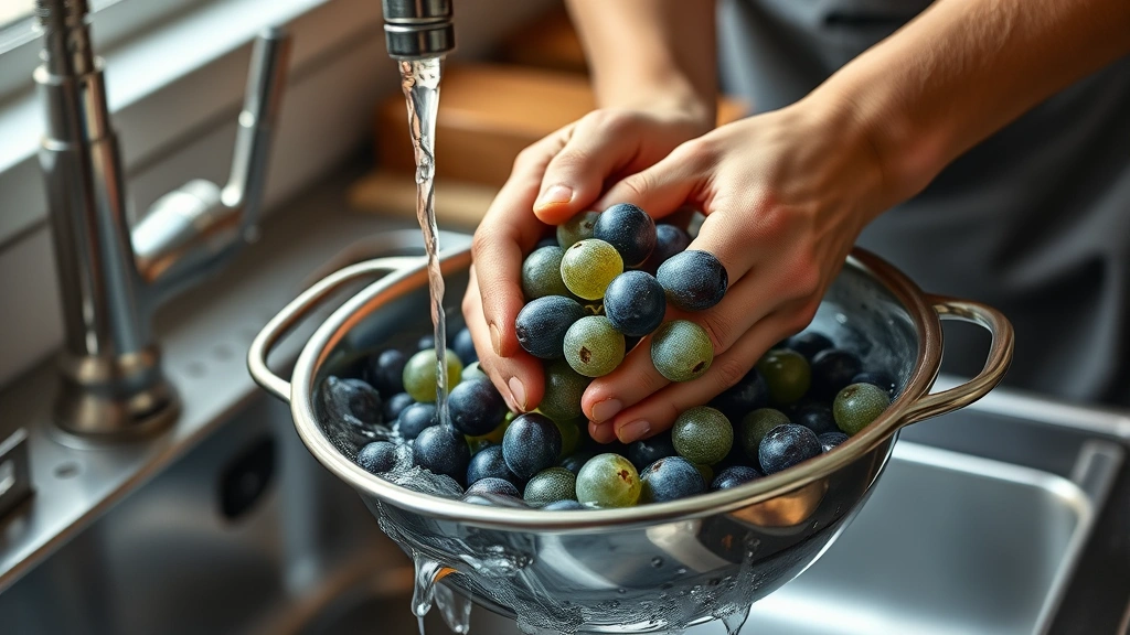 how to clean grapes -
Photorealistic hands working showing someone gently rubbing grapes under flowin
