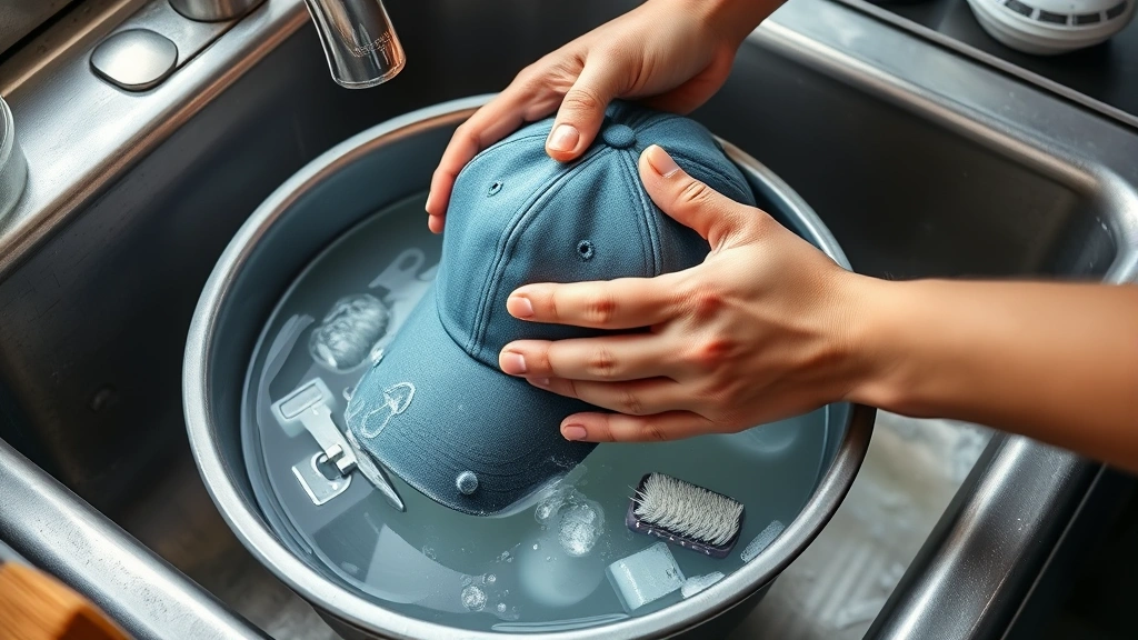 how to clean hats -
Photorealistic hands working: hands gently hand-washing a baseball cap in a bas