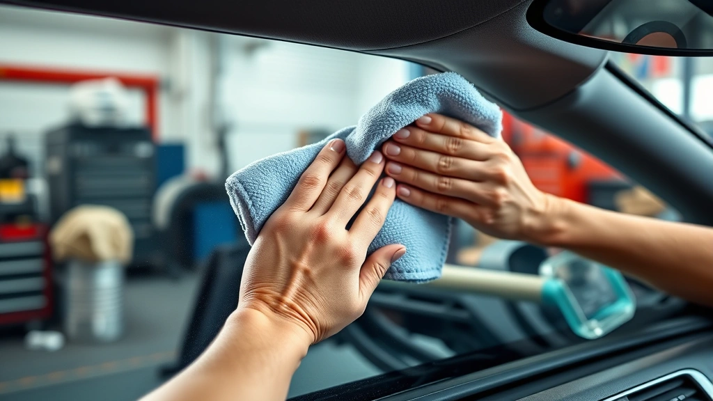 how to clean inside of windshield -
Photorealistic hands using microfiber cloth to buff windshield interior, worksh