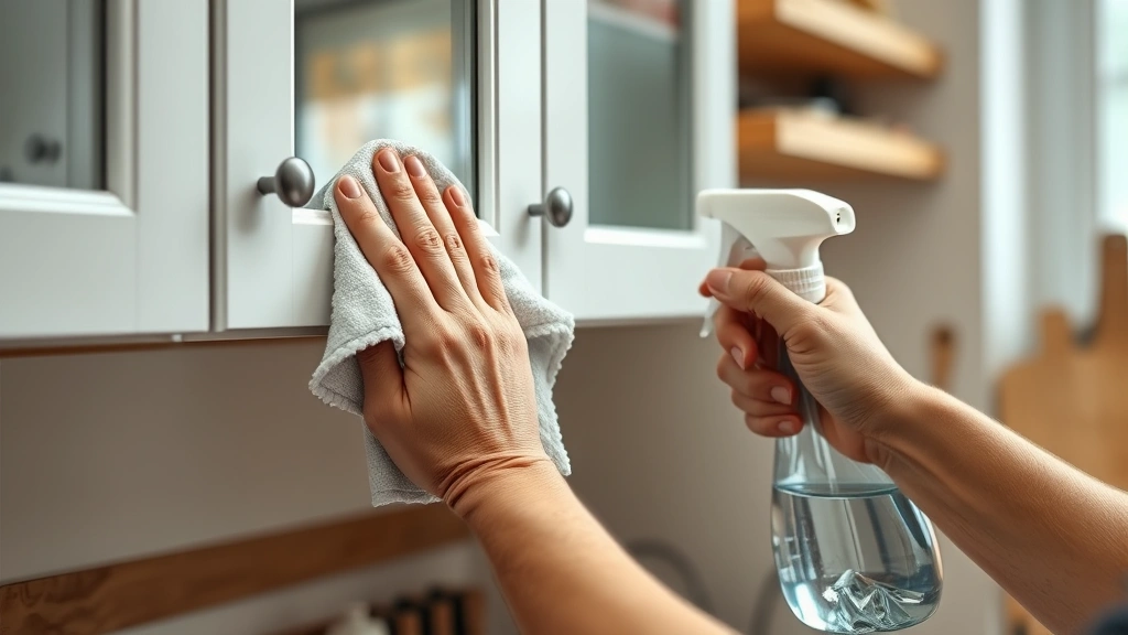 how to clean kitchen cabinets -
photorealistic hands working, person wiping kitchen cabinet with microfiber clo