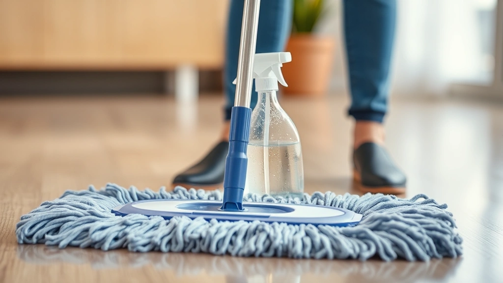 how to clean laminate floors -
spray mop in use with cleaning solution