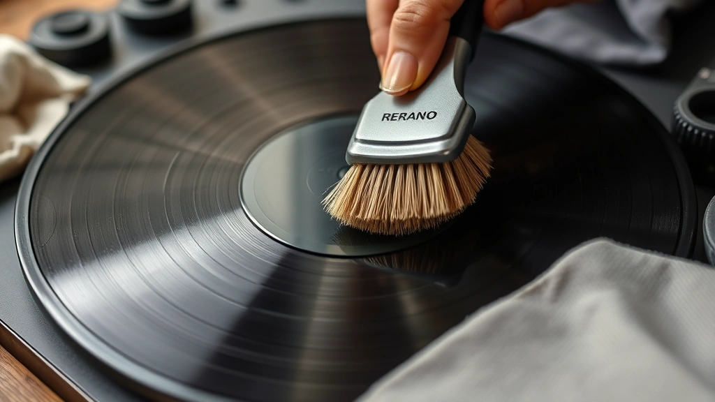 how to clean lps -
Photorealistic close-up of hands gently brushing a vinyl record with a soft-bri