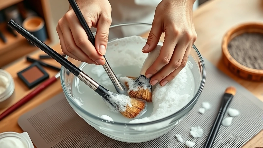 how to clean makeup brushes -
Photorealistic hands working, demonstrating someone swirling makeup brushes in