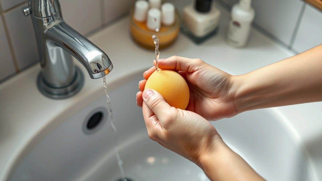how to clean makeup sponges -
photorealistic hands working showing someone gently squeezing a wet makeup spon