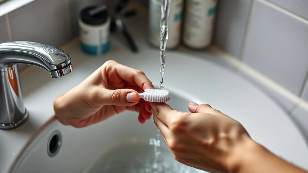 how to clean night guard -
Photorealistic hands holding soft-bristled toothbrush gently cleaning night gua