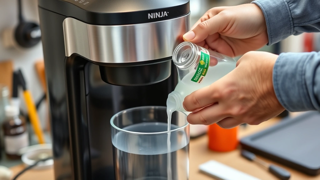how to clean ninja coffee maker -
photorealistic hands pouring white vinegar into Ninja coffee maker water reserv